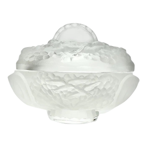 1920s Lalique-Style Frosted Crystal Oval Dresser Vanity Trinket Box Cherubs Birds
