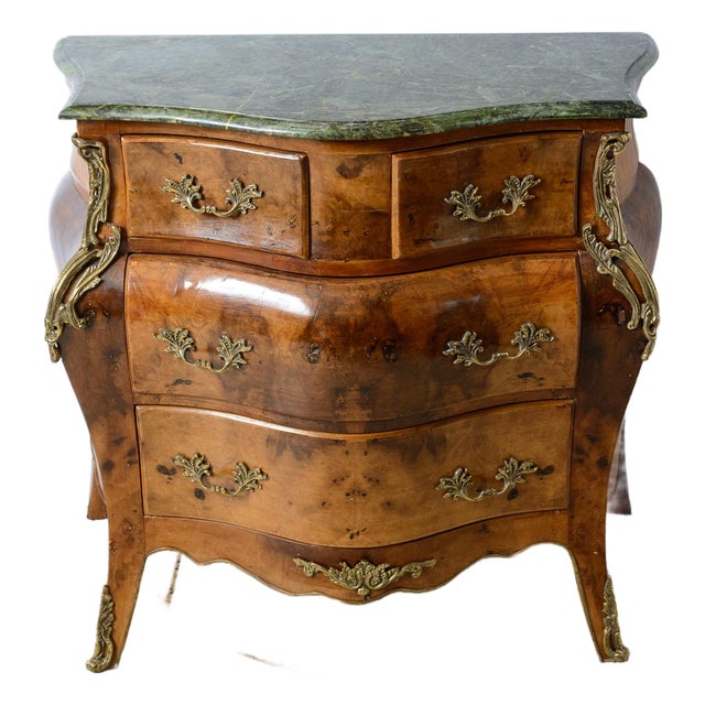French Burl Wood Bombe Chest With Marble For Sale