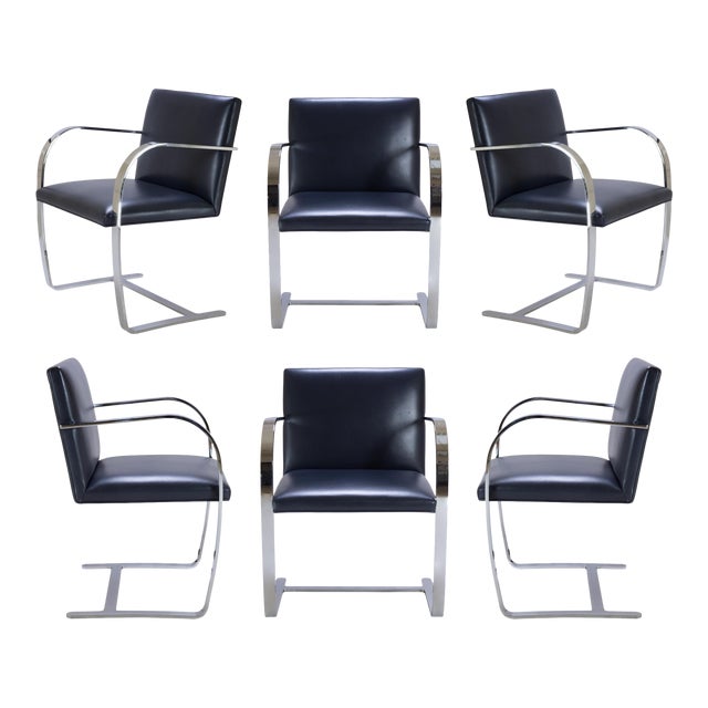 Brno Navy Leather Flat-Bar Chairs - Set of 6 For Sale - Image 10 of 10
