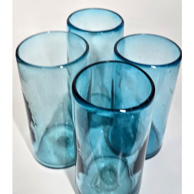 Rustic Mediterranean Blue Blown Glass Tumblers- Set of Four For Sale - Image 3 of 11