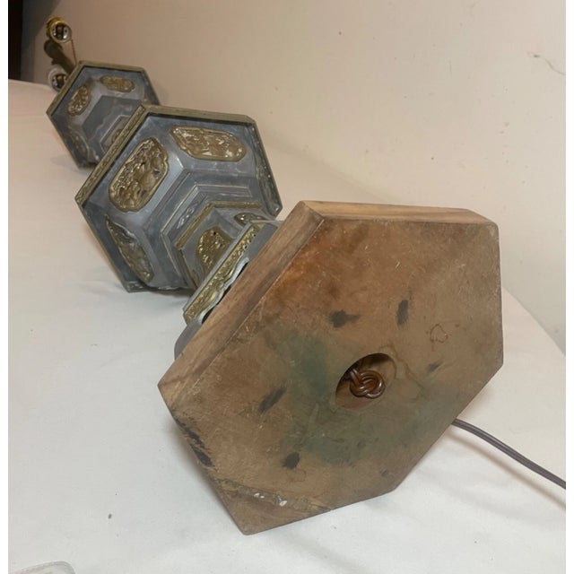 Large Antique Chinese Handmade Pewter Brass Pagoda Tower Electric Table Lamp For Sale - Image 12 of 13