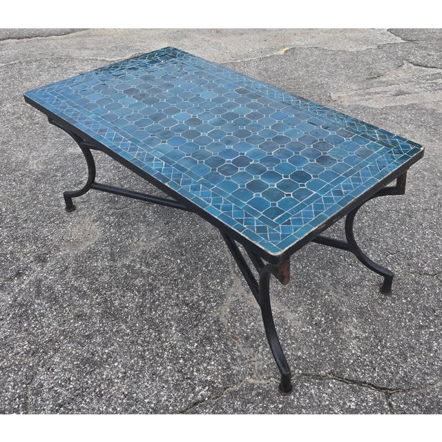 Cerulean 44" Rectangular Handmade Moroccan Petrol Blue Mosaic Coffee Table For Sale - Image 8 of 8