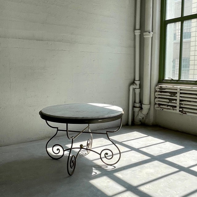 Metal Hollywood Regency Scrolled Steel and Marble Round Dining Table For Sale - Image 7 of 11