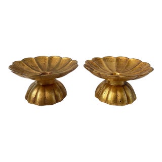 Vintage Gilt Ceramic Lotus Candleholders, a Pair For Sale