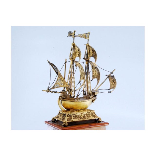 Metal Silver Filigree Caravel with Enamelled Crosses, Sails and Wooden Base For Sale - Image 7 of 11
