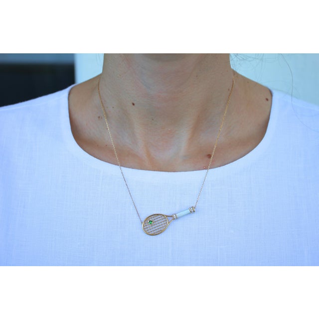 Diamond White Pearl Emerald 18 Karat Gold Tennis Racket Charm Pendant Necklace For Sale In Washington DC - Image 6 of 17