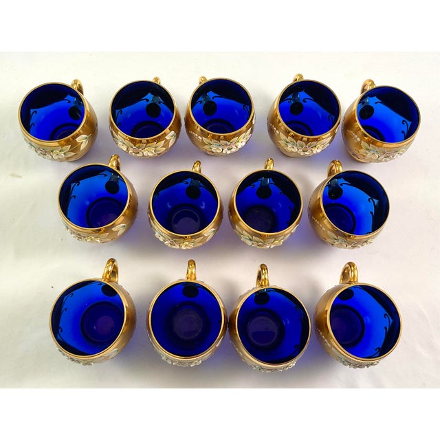 Art Nouveau Early 20th Century Bohemian-Hand Blown and Cut, Cobalt Blue, 24 Karat Gold Encrusted Punch Bowl Set- With Enameled Three Dimensional Flowers - 15pcs For Sale - Image 3 of 11