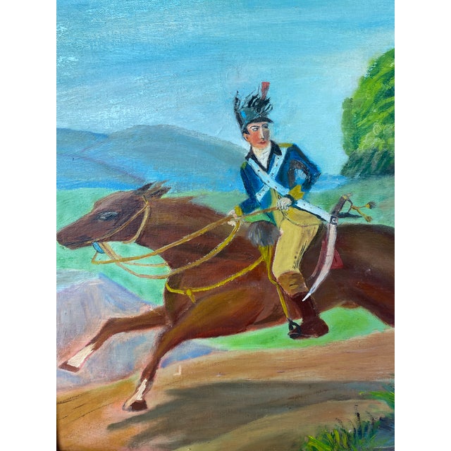 Vintage naive/folk art oil (or acrylic) painting on board depicting a mounted military officer in blue-and-gold uniform,...