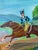 Vintage naive/folk art oil (or acrylic) painting on board depicting a mounted military officer in blue-and-gold uniform,...