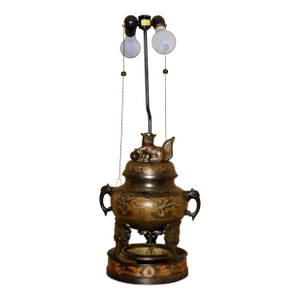 1960s Marbro Censer Lamp Ornate Foo Dogs and Elephant Handles Sculpture Table Lamp