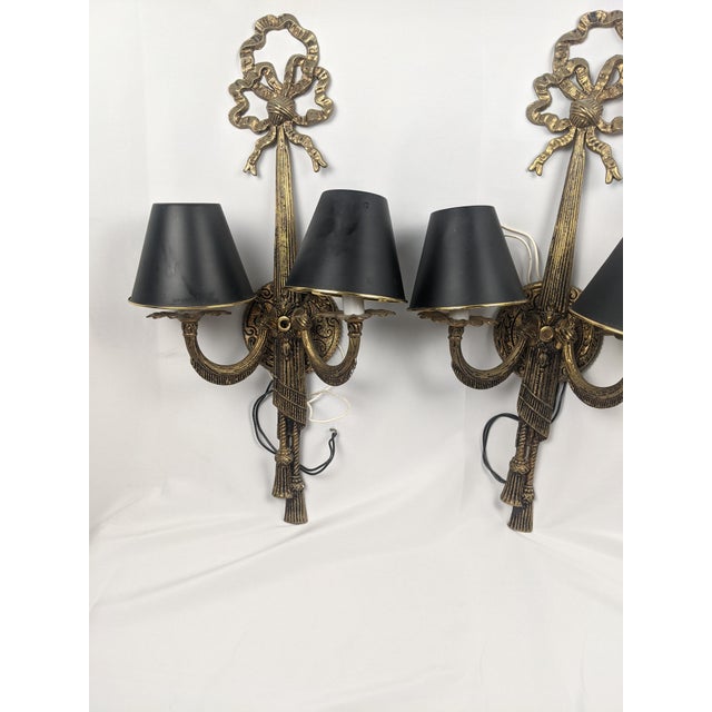 Vintage Ornate Gold-Tone Two-Light Wall Sconces With Shades - Pair For Sale - Image 18 of 18