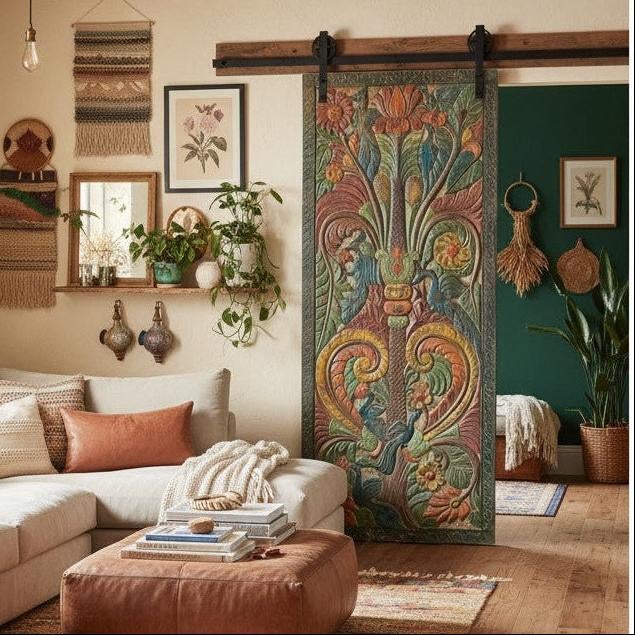 Vintage Hand-Carved Tree of Life Wood Panel | Rustic Spiritual Wall Art or Sliding Barn Door 84x36 For Sale In Orlando - Image 6 of 7