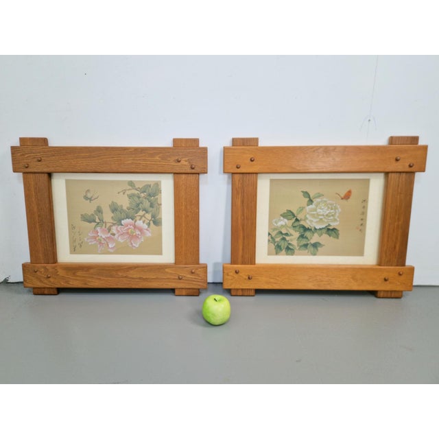 Set of Brutalist Oak Frames, Old Chinese Hand-Painted Japandi Set of Brutalist Oak Frames: Rose and Butterfly, Old Chinese...