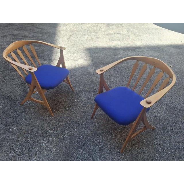 1960s Sun Feather Armchairs in Light Wood with Blue Seat by Sonna Rosen for Nassjo Stolfabrik, Set of 2 For Sale - Image 5 of 8