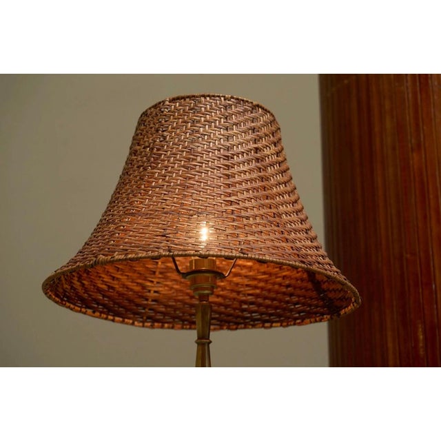 Art Deco Floor Lamp in Patinated Brass with Rattan Shade, 1940s For Sale - Image 4 of 12