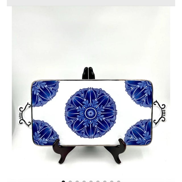 Late 20th Century Vintage Chinoiserie Blue and White Ceramic Tray Serving Platter Bombay Company For Sale - Image 5 of 11