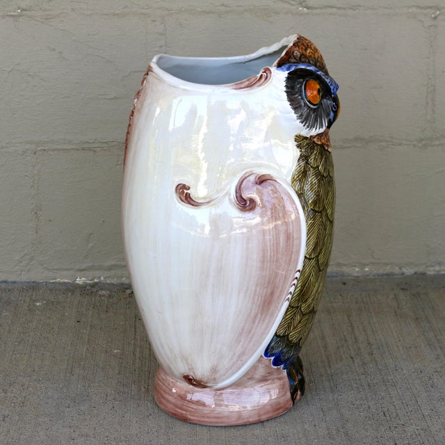Vintage 1970s Italian Hand-Painted Ceramic Owl Umbrella Stand - Model 1479 For Sale - Image 4 of 16