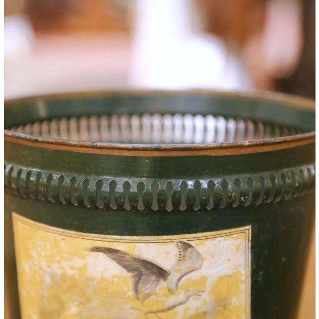 Early 20th Century Early 20th Century French Green Tole Waste Basket With Bird Decoration For Sale - Image 5 of 8