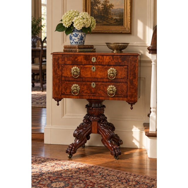 An exceptional American Classical work table dating to approximately 1830–1845, displaying the bold proportions, richly...