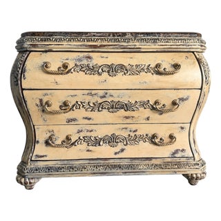 French Provincial Chest of Drawers • Distressed Cream Dresser • Caramel Marble Top •Carved Solid Wood • 3 Drawer Vintage Furniture For Sale