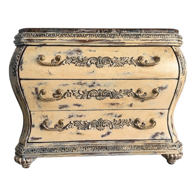 French Provincial Chest of Drawers • Distressed Cream Dresser • Caramel Marble Top •Carved Solid Wood • 3 Drawer Vintage Furniture For Sale