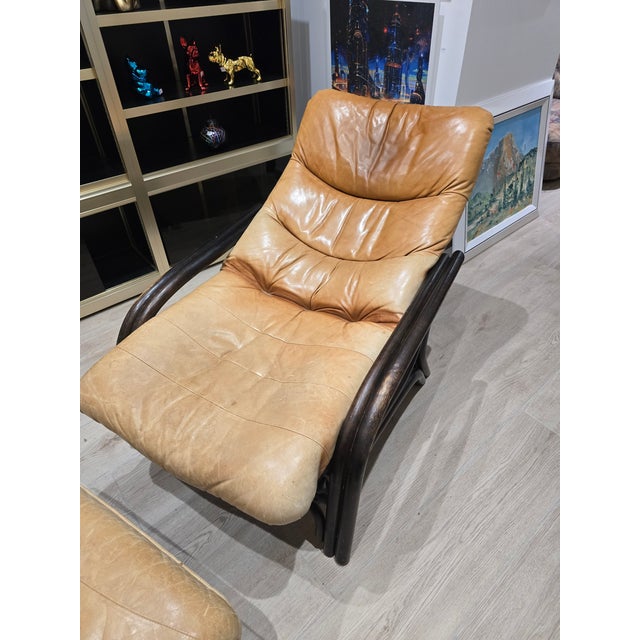 Tan Set of Vintage Camel Leather Lounge Chair and Ottoman with Wooden Frames, 1970s For Sale - Image 8 of 12