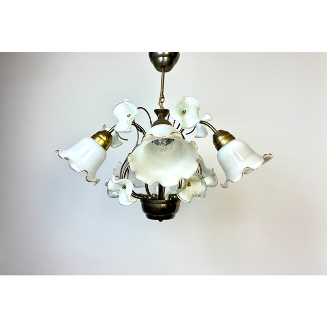 Vintage 1980s Floral Glass Chandelier – 5 Light Rustic Gold Ceiling Fixture For Sale - Image 13 of 15