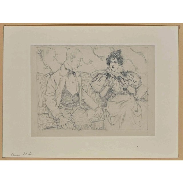 A Couple on the Sofa is an Original Pencil Drawing realized by Caran D'Ache (1858-1909) in the late 19th Century. Good...