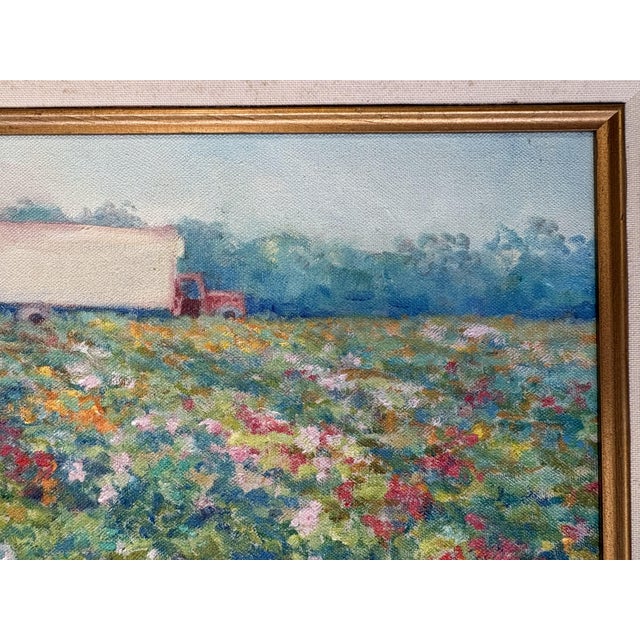 Annella Low (American, 1934-2024) Original Signed and Framed Oil on Canvas C1988 Titled 'Flower Farm' For Sale - Image 4 of 15