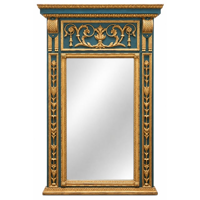 Monumental Italian Neoclassical Louis XVI Style Blue & Giltwood Trumeau Wall Mirror For Sale - Image 9 of 9