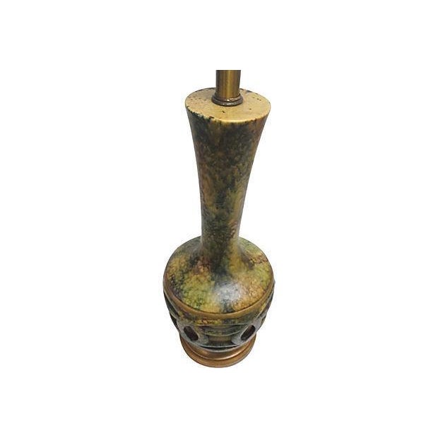 Mid-Century Modern Mid-Century Ceramic Olive Green Mottled Finish Lamp For Sale - Image 3 of 5