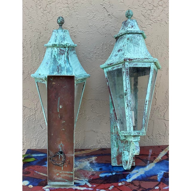 Turquoise Pair of Large Solid Copper Architectural Wall Lantern For Sale - Image 8 of 12