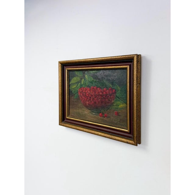 Mid 20th Century Mid 20th Century Oil Painting Still Life Bowl of Cherries, Gold Frame Art, Green Accents For Sale - Image 5 of 8
