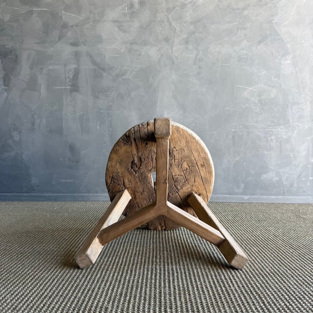 Late 20th Century Vintage Elm Wood Wheel Side Table #F75 For Sale - Image 5 of 8