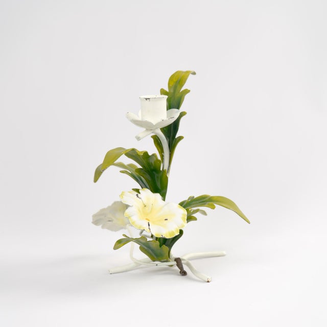 Vintage Italian Tole Metal Candlestick Holders With Hand-Painted Flowers For Sale - Image 10 of 15