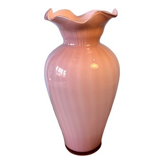 Pink Art Glass Ruffled Rim Vase With Vertical Line Pattern For Sale