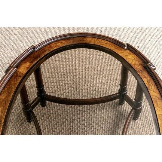 1970s Regency Revival Oval Figured Wood & Beveled Glass Coffee Table With Faux Bamboo Legs For Sale - Image 4 of 5