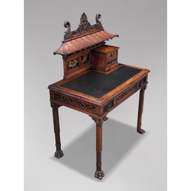 Chinese Chippendale Carved Pagoda Top Writing Table, 1880s For Sale - Image 4 of 16