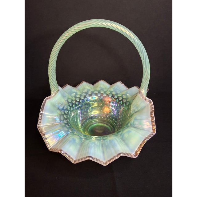 Green Vintage Fenton Green Opalescent Carnival Hobnail Glass Basket Ruffled Iridescent 10" For Sale - Image 8 of 16