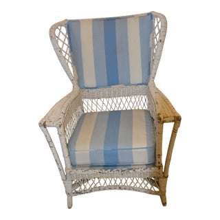 Vintage White Wicker Wing Back Arm Chair W/ Blue Cushions & Coil Sprung Seat For Sale