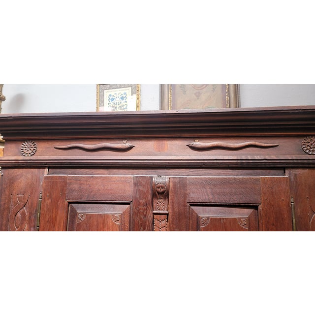 Early 19th Century Antique 1812 Nordic French Baroque Renaissance Oak Armoire Hand Carved Sea Serpents For Sale - Image 5 of 10