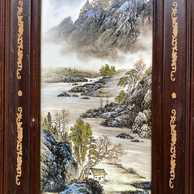 Four-Panel Rosewood Framed Porcelain Plaque Wall Screen, Ink Color Mountain Landscape, Chinoiserie Wall Art Set For Sale - Image 10 of 10
