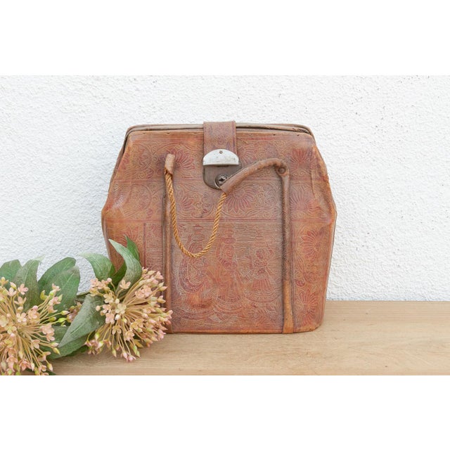 Tan Vintage Indian Tooled Leather Satchel For Sale - Image 8 of 8