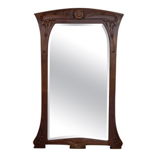 French Art Nouveau Carved Wood l Mantle Wall Mirror Glass Embossed For Sale