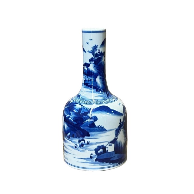 2010s Chinese Blue White Porcelain Small Mouth Scenery Theme Vase For Sale - Image 5 of 6