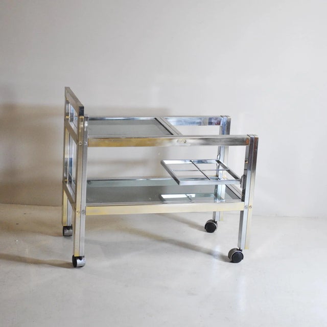 Brass and Steel, Smoked Glass Shelves Liqueurs Bottle Trolley, 1970s, in Good conditions. Designed 1970 to 1979