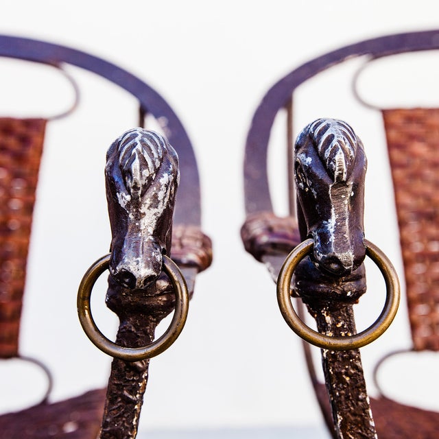 Metal Vintage Iron and Leather Strap Horseshoe Back Curule Accent Chairs For Sale - Image 7 of 15