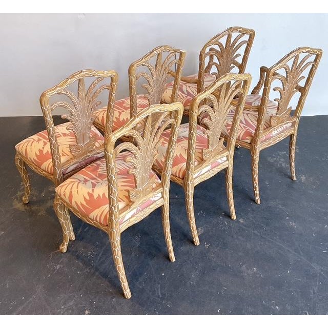 Vintage Carved Faux Bois Dining Chairs in Quadrille Palm Print For Sale - Image 4 of 12