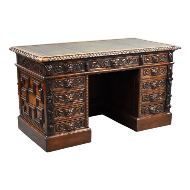 Victorian Carved Oak Desk, 1880 For Sale
