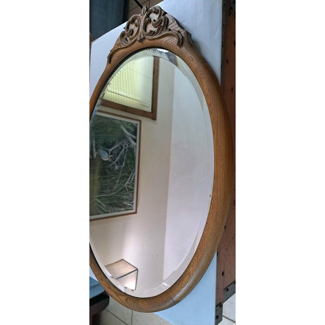 Antique Oval Oak Beveled Wall Mirror – Late Victorian / Edwardian – Carved Crest For Sale In West Palm - Image 6 of 11